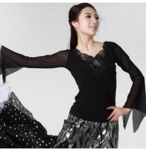 Black long trumpet sleeves v neck lace appliques  sexy fashion women's ladies female competition performance professional ballroom tango waltz flamenco dance tops blouses